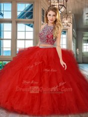 Extravagant Scoop Sleeveless Floor Length Beading and Ruffles Backless Quince Ball Gowns with Red