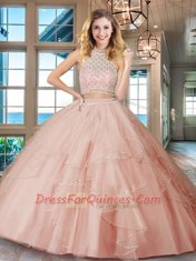 Halter Top Pink Two Pieces Beading and Ruffles Vestidos de Quinceanera Backless Tulle Sleeveless Floor Length