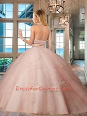 Halter Top Pink Two Pieces Beading and Ruffles Vestidos de Quinceanera Backless Tulle Sleeveless Floor Length