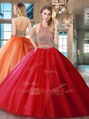 Captivating Red Halter Top Neckline Beading and Appliques Quinceanera Gown Sleeveless Backless