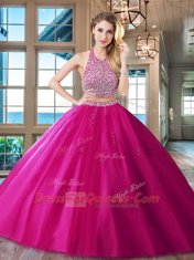 Captivating Red Halter Top Neckline Beading and Appliques Quinceanera Gown Sleeveless Backless