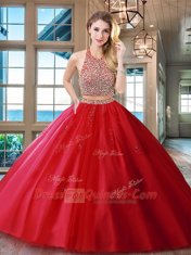 Captivating Red Halter Top Neckline Beading and Appliques Quinceanera Gown Sleeveless Backless