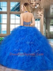 Flare Halter Top Fuchsia Tulle Backless Quinceanera Gown Sleeveless With Brush Train Beading and Ruffles