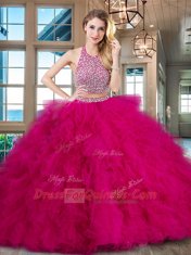 Flare Halter Top Fuchsia Tulle Backless Quinceanera Gown Sleeveless With Brush Train Beading and Ruffles