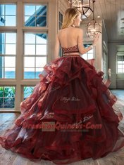 Gorgeous Halter Top Sleeveless Tulle Vestidos de Quinceanera Beading and Ruffles Brush Train Backless