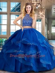 Pretty Halter Top Sleeveless Tulle 15th Birthday Dress Beading and Ruffles Brush Train Backless