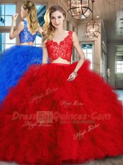 Artistic Red Sleeveless Brush Train Lace and Ruffles 15th Birthday Dress