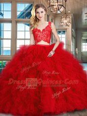 Artistic Red Sleeveless Brush Train Lace and Ruffles 15th Birthday Dress