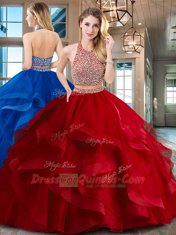 Clearance Red Halter Top Backless Beading and Ruffles 15th Birthday Dress Brush Train Sleeveless