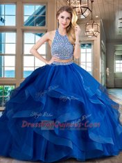 Clearance Red Halter Top Backless Beading and Ruffles 15th Birthday Dress Brush Train Sleeveless
