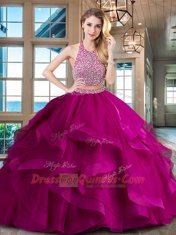 Clearance Red Halter Top Backless Beading and Ruffles 15th Birthday Dress Brush Train Sleeveless