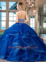 Clearance Red Halter Top Backless Beading and Ruffles 15th Birthday Dress Brush Train Sleeveless