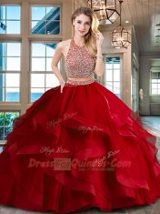Clearance Red Halter Top Backless Beading and Ruffles 15th Birthday Dress Brush Train Sleeveless