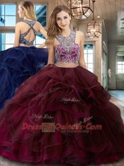 Scoop Sleeveless Tulle 15 Quinceanera Dress Beading and Ruffles Brush Train Criss Cross