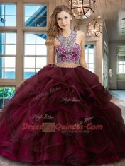 Scoop Sleeveless Tulle 15 Quinceanera Dress Beading and Ruffles Brush Train Criss Cross