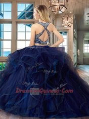 Scoop Sleeveless Tulle 15 Quinceanera Dress Beading and Ruffles Brush Train Criss Cross