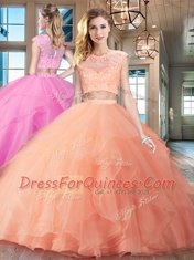 With Train Peach 15 Quinceanera Dress Scoop Cap Sleeves Brush Train Zipper