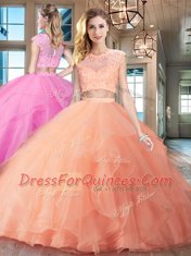 With Train Peach 15 Quinceanera Dress Scoop Cap Sleeves Brush Train Zipper