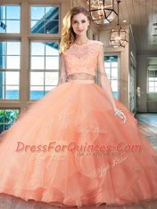 With Train Peach 15 Quinceanera Dress Scoop Cap Sleeves Brush Train Zipper