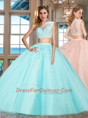 Bateau Cap Sleeves Zipper Sweet 16 Dress Aqua Blue Tulle