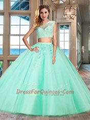 Bateau Cap Sleeves Zipper Sweet 16 Dress Aqua Blue Tulle