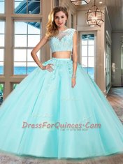 Bateau Cap Sleeves Zipper Sweet 16 Dress Aqua Blue Tulle