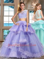 Custom Design Bateau Cap Sleeves Tulle Vestidos de Quinceanera Lace and Appliques and Ruffled Layers Zipper
