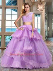 Custom Design Bateau Cap Sleeves Tulle Vestidos de Quinceanera Lace and Appliques and Ruffled Layers Zipper