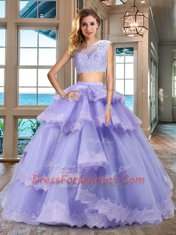 Custom Design Bateau Cap Sleeves Tulle Vestidos de Quinceanera Lace and Appliques and Ruffled Layers Zipper