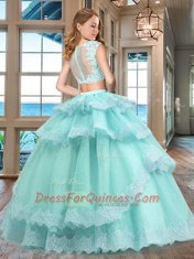 Custom Design Bateau Cap Sleeves Tulle Vestidos de Quinceanera Lace and Appliques and Ruffled Layers Zipper