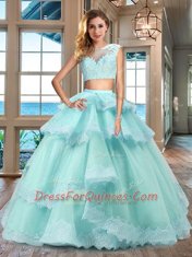 Custom Design Bateau Cap Sleeves Tulle Vestidos de Quinceanera Lace and Appliques and Ruffled Layers Zipper
