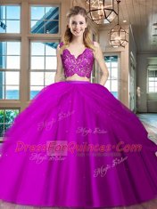 Fuchsia Two Pieces Tulle V-neck Sleeveless Lace and Ruffled Layers Floor Length Zipper 15th Birthday Dress