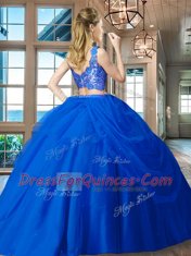 Fuchsia Two Pieces Tulle V-neck Sleeveless Lace and Ruffled Layers Floor Length Zipper 15th Birthday Dress