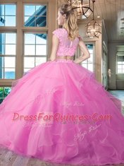 Admirable Scoop Cap Sleeves Brush Train Beading and Appliques and Ruffles Zipper Sweet 16 Dresses