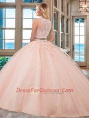 Affordable Scoop Sleeveless Tulle 15th Birthday Dress Beading and Appliques Zipper