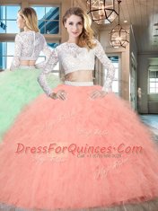 Scoop Floor Length Two Pieces Long Sleeves Watermelon Red Quinceanera Dresses Zipper