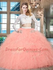Scoop Floor Length Two Pieces Long Sleeves Watermelon Red Quinceanera Dresses Zipper