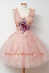 Elegant Tulle Sleeveless Knee Length Homecoming Dress and Appliques and Embroidery