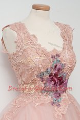 Elegant Tulle Sleeveless Knee Length Homecoming Dress and Appliques and Embroidery