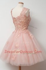 Elegant Tulle Sleeveless Knee Length Homecoming Dress and Appliques and Embroidery