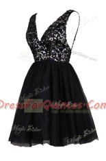 Sequins Prom Party Dress Black Backless Sleeveless Knee Length