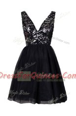 Sequins Prom Party Dress Black Backless Sleeveless Knee Length