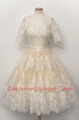 Best Selling Scalloped Half Sleeves Zipper Knee Length Lace and Belt Prom Dresses