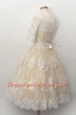 Best Selling Scalloped Half Sleeves Zipper Knee Length Lace and Belt Prom Dresses