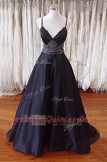 Beauteous Sleeveless With Train Beading Backless Prom Party Dress with Black Sweep Train