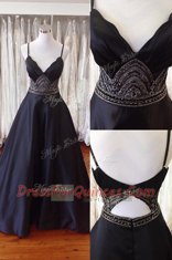 Beauteous Sleeveless With Train Beading Backless Prom Party Dress with Black Sweep Train