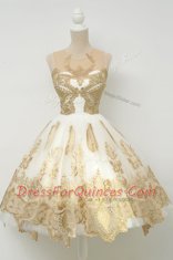 Scoop Champagne Tulle Zipper Prom Gown Sleeveless Knee Length Lace and Appliques