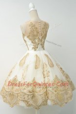 Scoop Champagne Tulle Zipper Prom Gown Sleeveless Knee Length Lace and Appliques