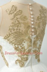 Scoop Champagne Tulle Zipper Prom Gown Sleeveless Knee Length Lace and Appliques