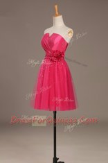 Coral Red A-line Beading and Hand Made Flower Lace Up Satin and Tulle Sleeveless Knee Length
